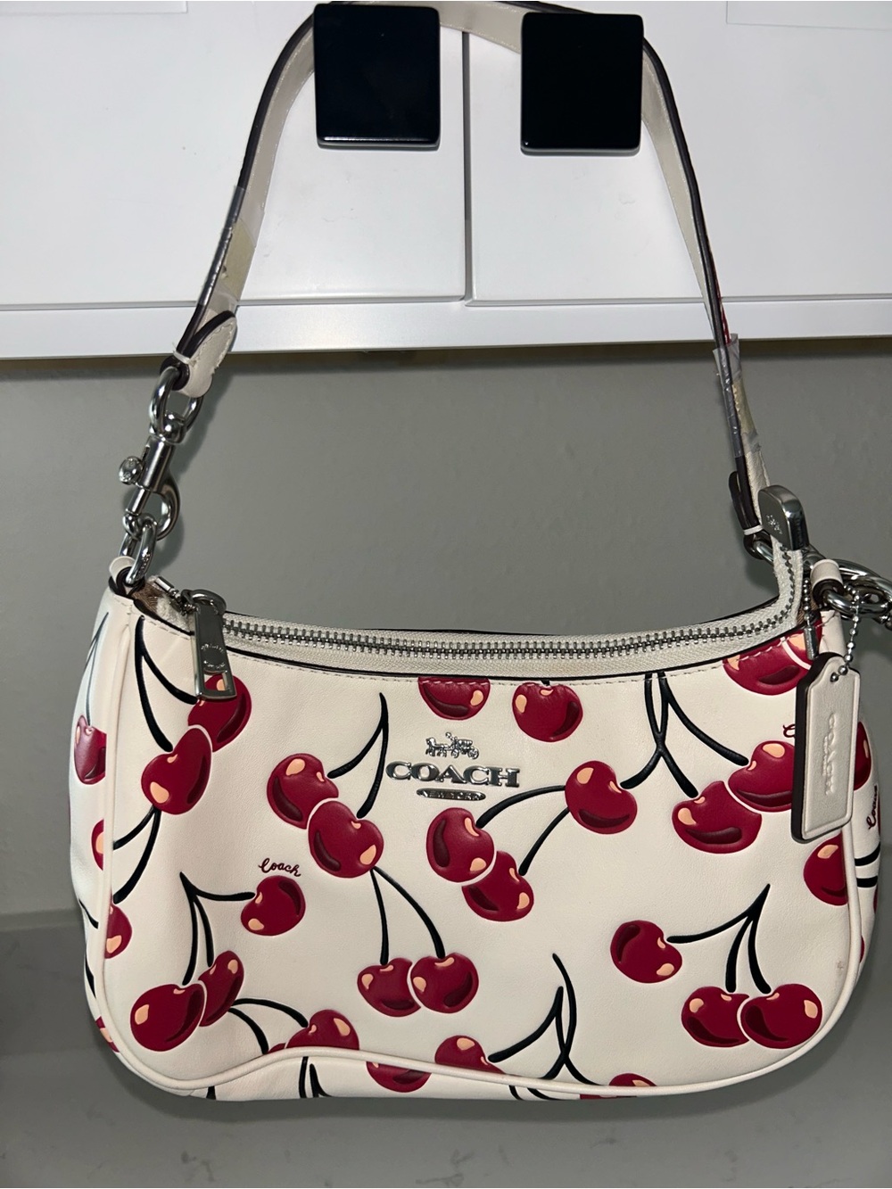 COACH Cherry Print Leather Shoulder Bag in Cream and Red - Picture 3 of 4